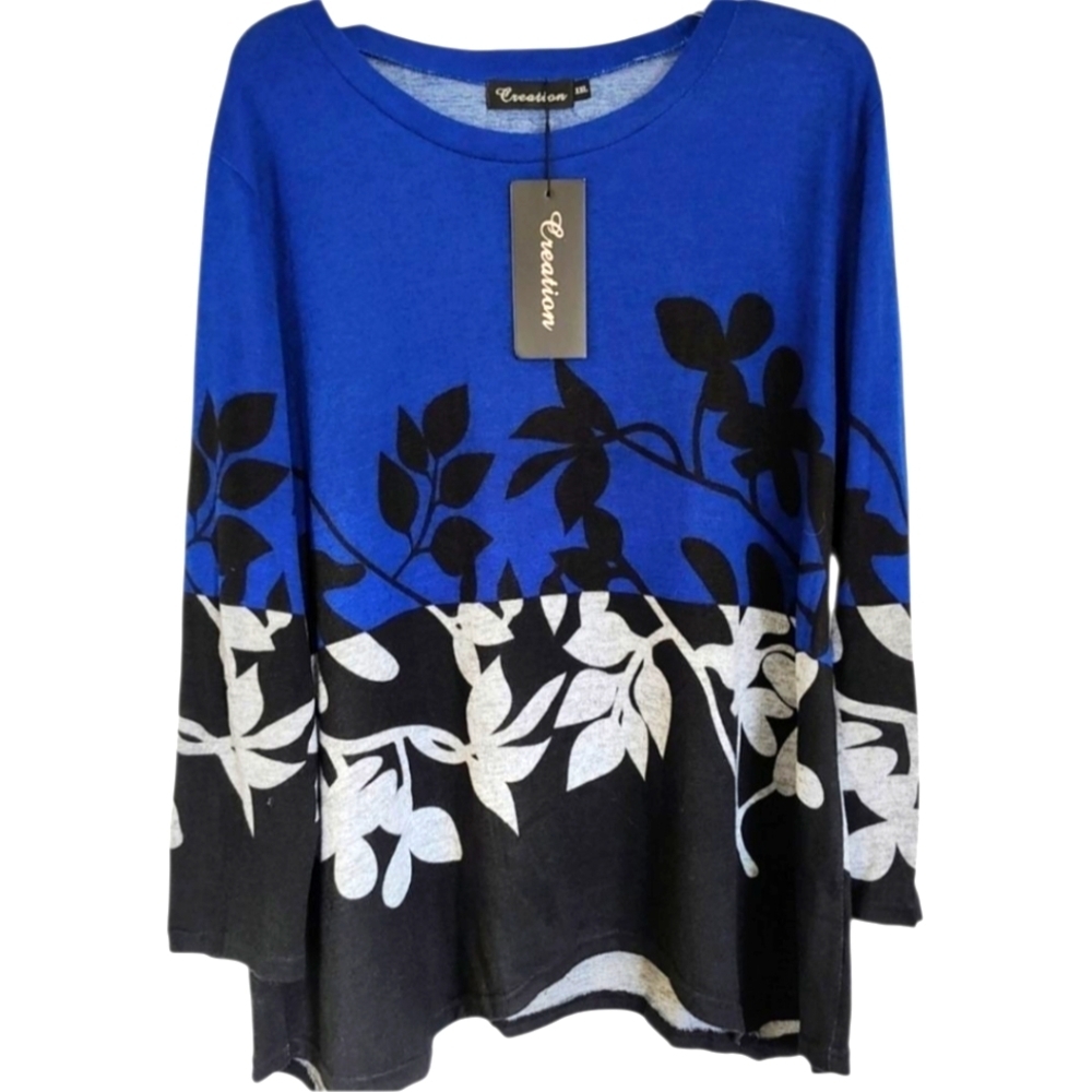 CREATION 3/4 Sleeve Blue & Black Floral Print Sweater Size Small NWT